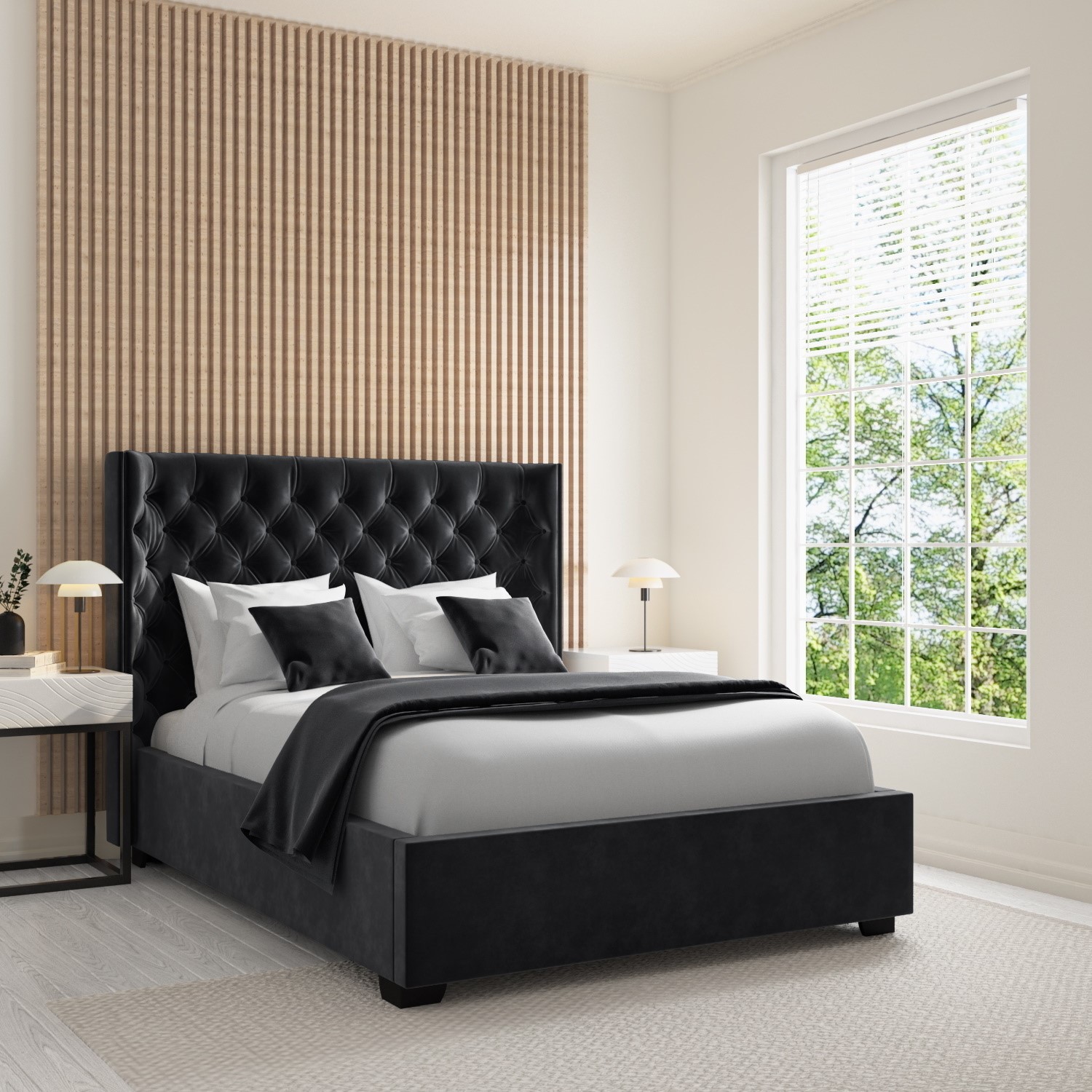 Bed - Queen Size / Dark Grey Velvet with Chrome Trim Bed - Queen Size / Dark Grey Velvet with Chrome Trim