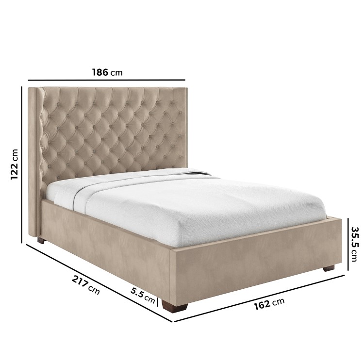 Beige Velvet King Size Ottoman Bed with Curved Headboard - Milania