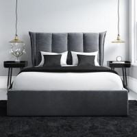 Grey Velvet Double Ottoman Bed with Cushioned Headboard - Maddox Grey Velvet Double Ottoman Bed with Cushioned Headboard - Maddox