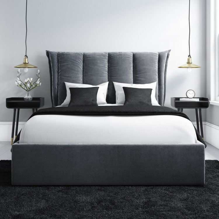 Grey Velvet King Size Ottoman Bed with Cushioned Headboard - Maddox