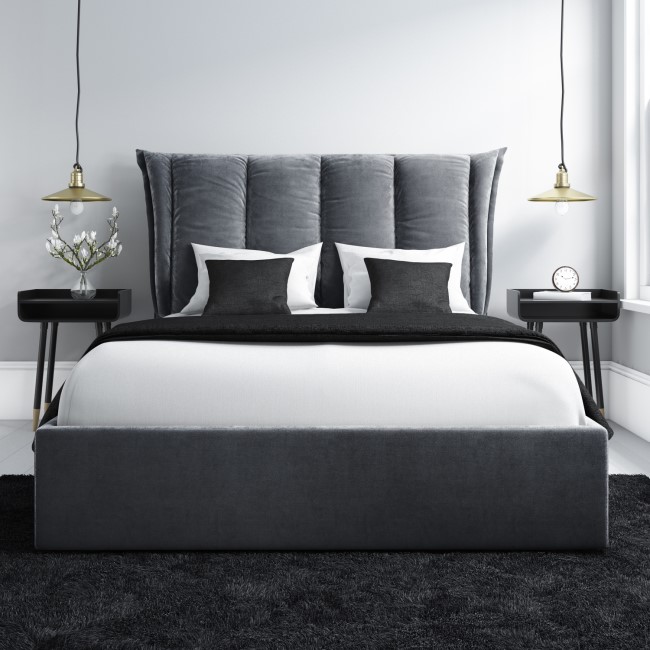 GRADE A1 - Maddox Double Ottoman Bed with Cushioned Headboard in Silver Grey Velvet