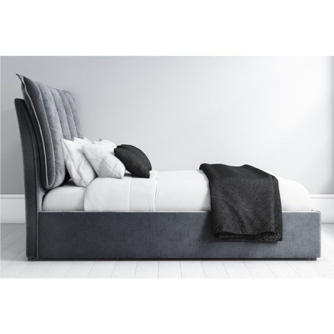 Grey Velvet King Size Ottoman Bed with Cushioned Headboard - Maddox