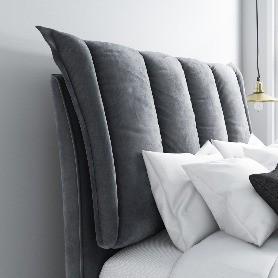 Grey Velvet Double Ottoman Bed with Cushioned Headboard - Maddox