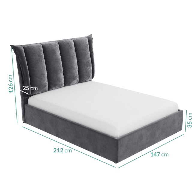 Grey Velvet Double Ottoman Bed with Cushioned Headboard - Maddox