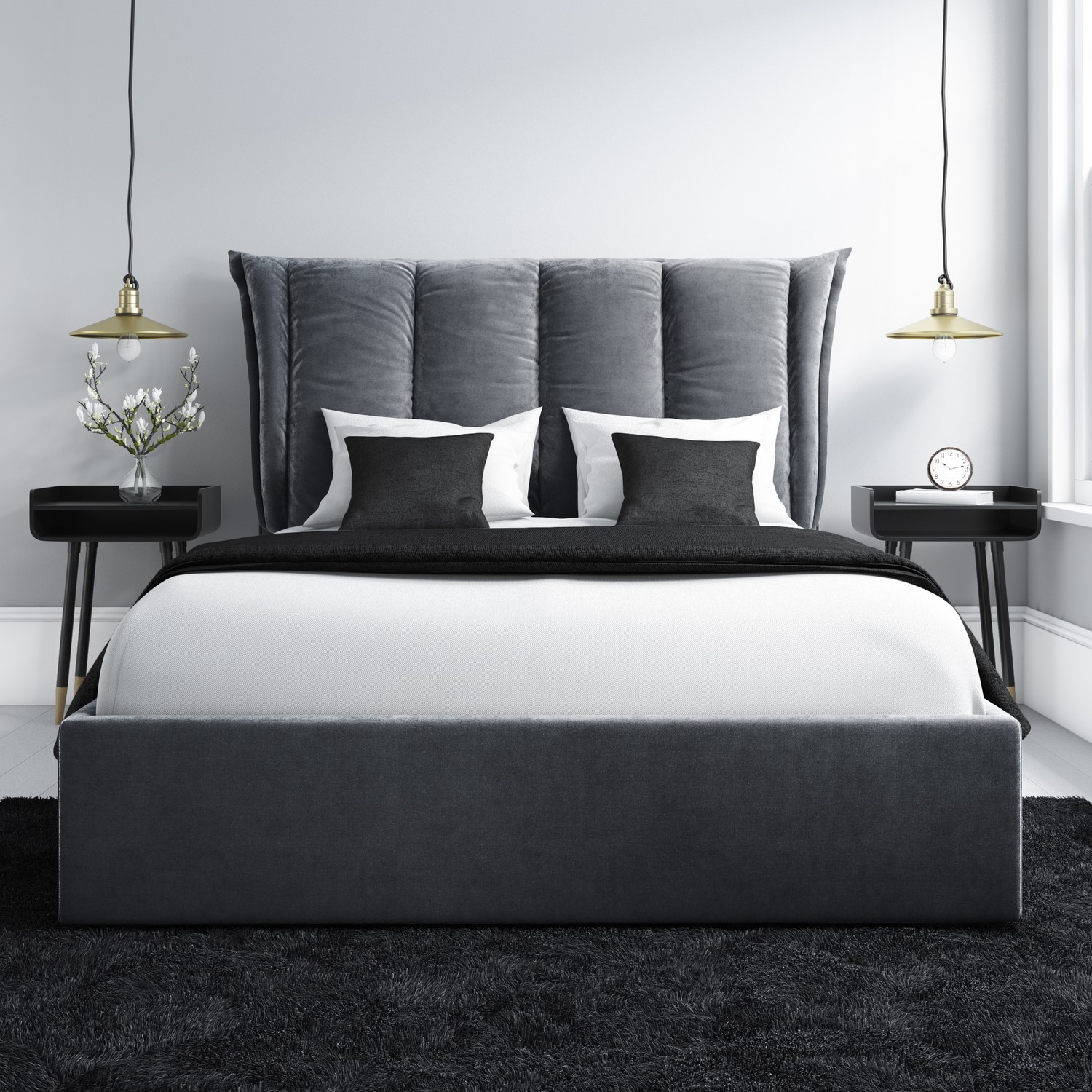 Maddox King Size Ottoman Bed With Cushioned Headboard In Silver Grey Velvet Furniture123