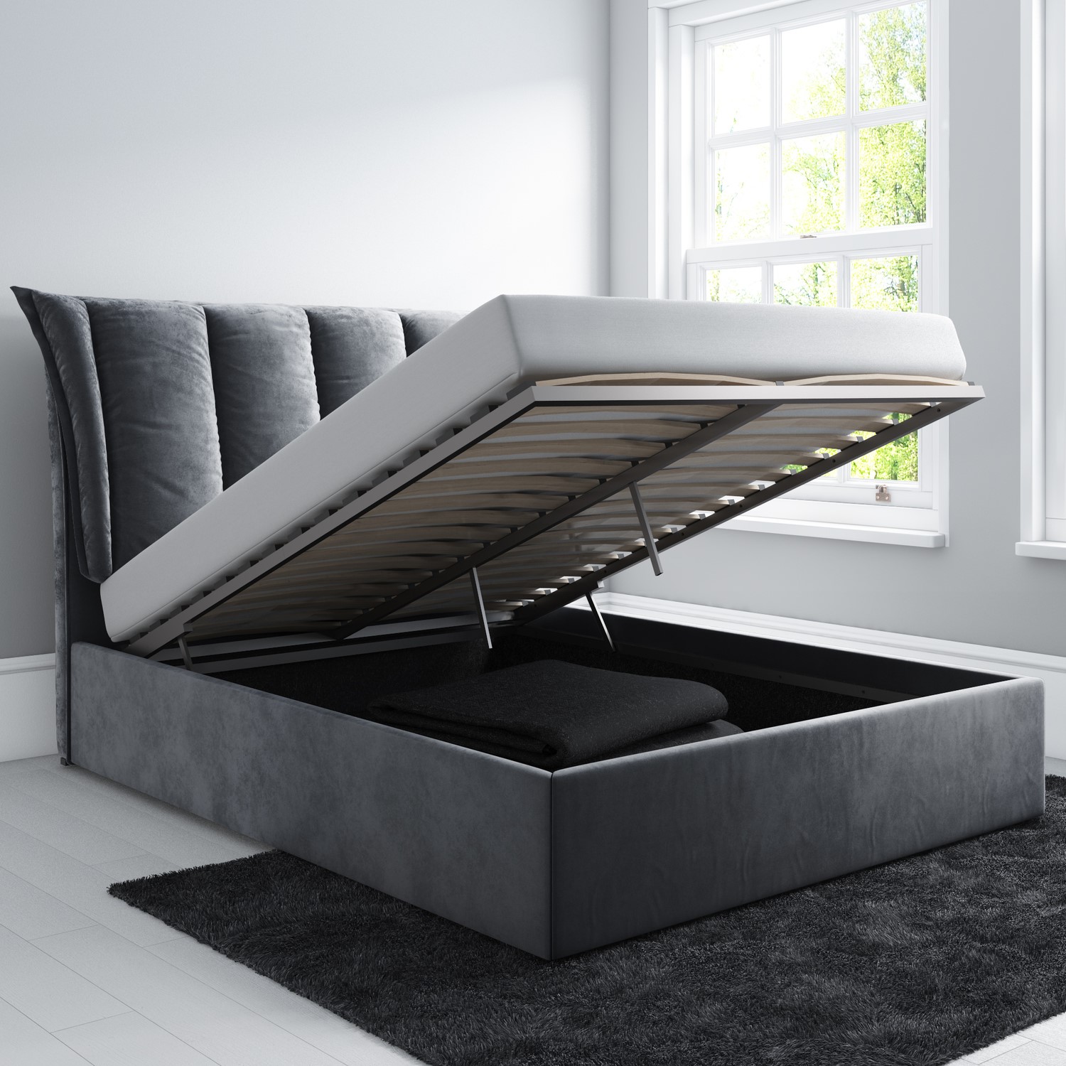 Grey Velvet King Size Ottoman Bed With Winged Headboard Maddox | King