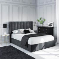 GRADE A1 - Grey Velvet Double Ottoman Bed with Winged Headboard - Maddox