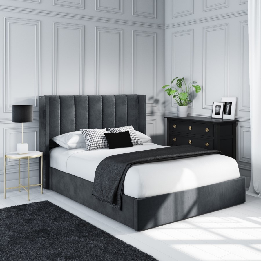 GRADE A1 - Grey Velvet Double Ottoman Bed with Winged Headboard - Maddox