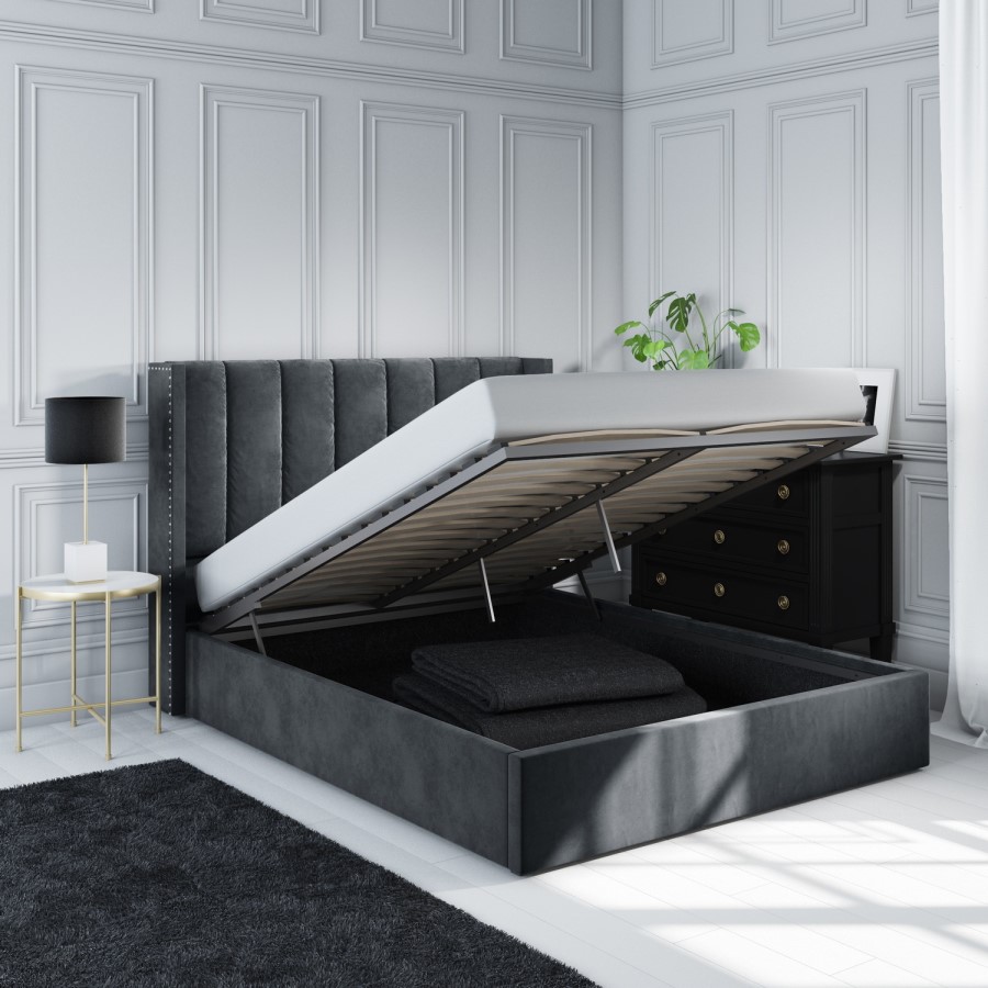 GRADE A1 - Grey Velvet Double Ottoman Bed with Winged Headboard - Maddox