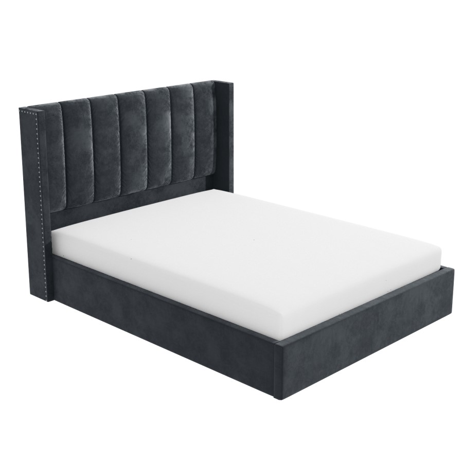 GRADE A1 - Grey Velvet Double Ottoman Bed with Winged Headboard - Maddox