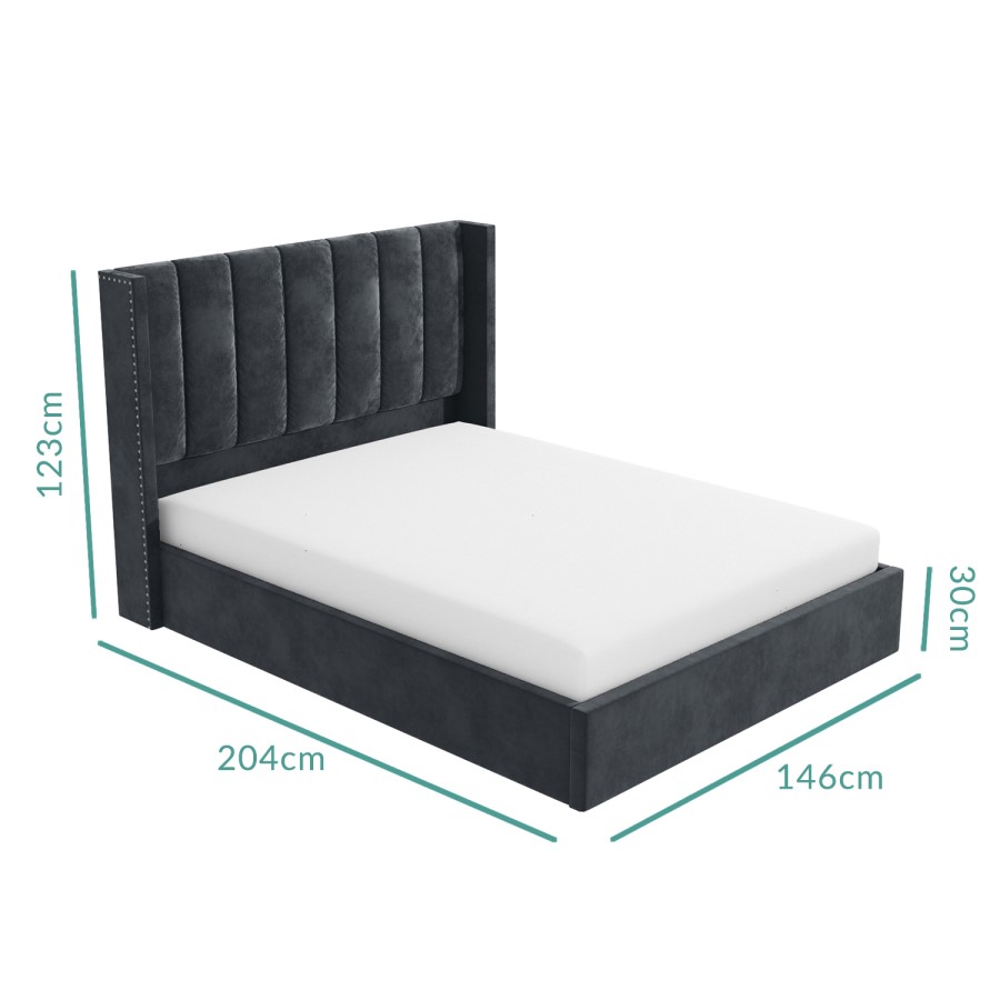 GRADE A1 - Grey Velvet Double Ottoman Bed with Winged Headboard - Maddox