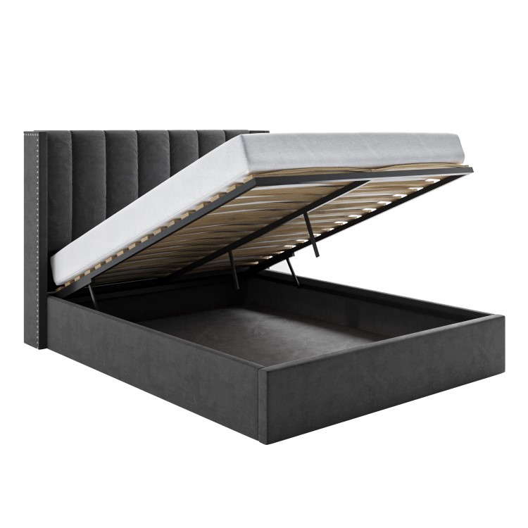 Grey Velvet Double Ottoman Bed with Winged Headboard - Maddox