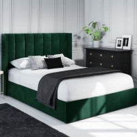 GRADE A2 - Green Velvet Double Ottoman Bed with Winged Headboard - Maddox