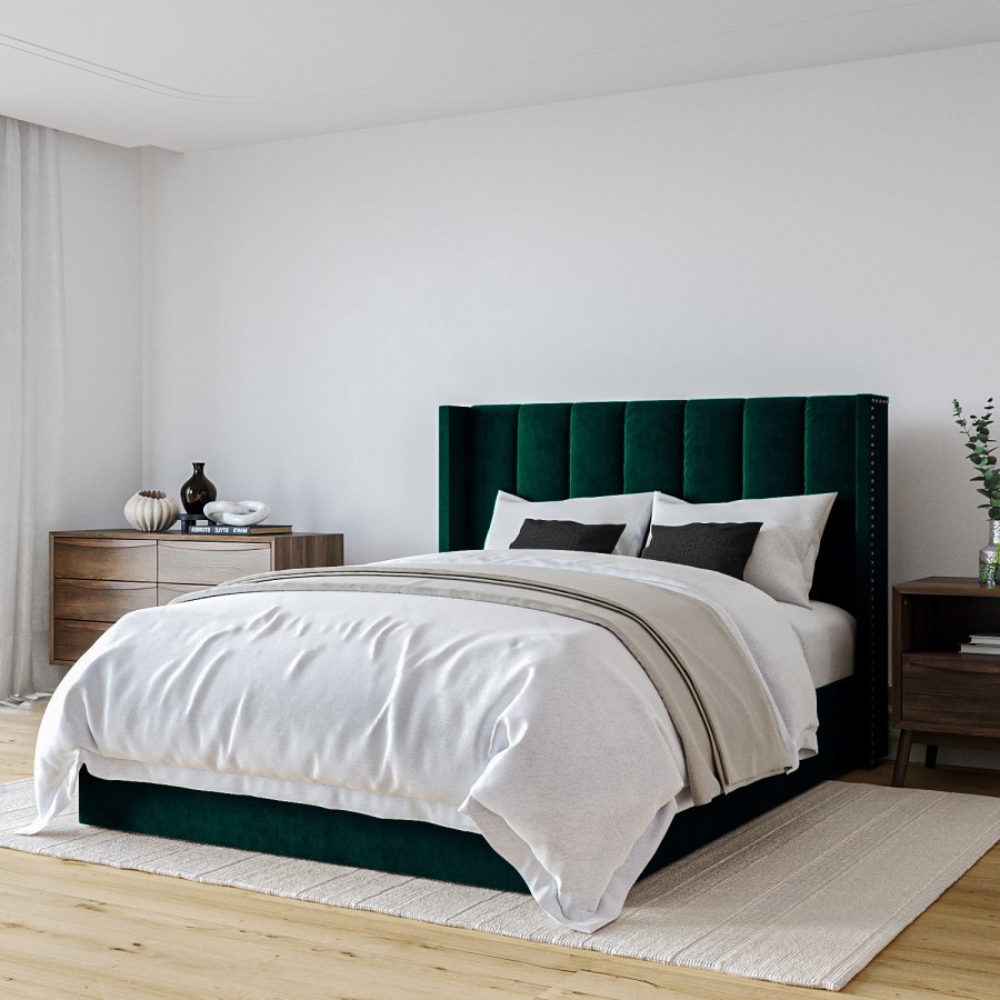 Green Velvet Double Ottoman Bed with Winged Headboard - Maddox