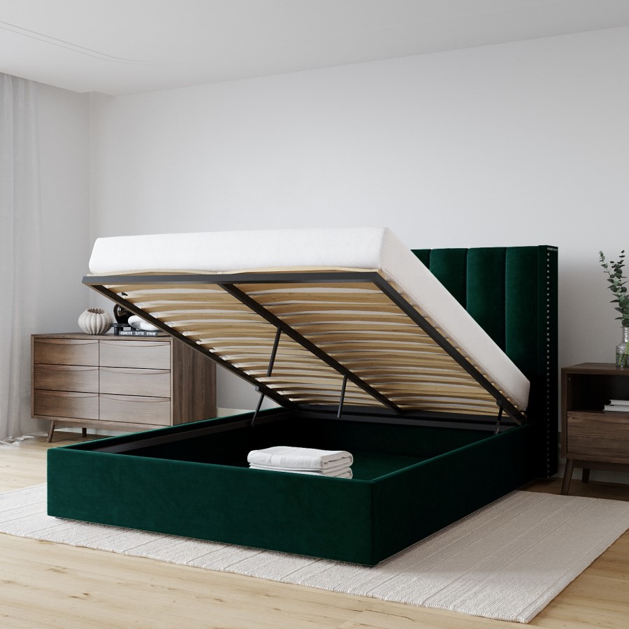 Green Velvet Double Ottoman Bed with Winged Headboard - Maddox
