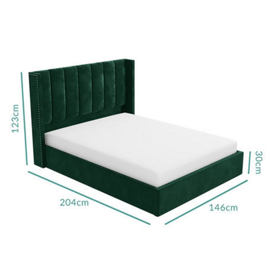 GRADE A2 - Green Velvet Double Ottoman Bed with Winged Headboard - Maddox