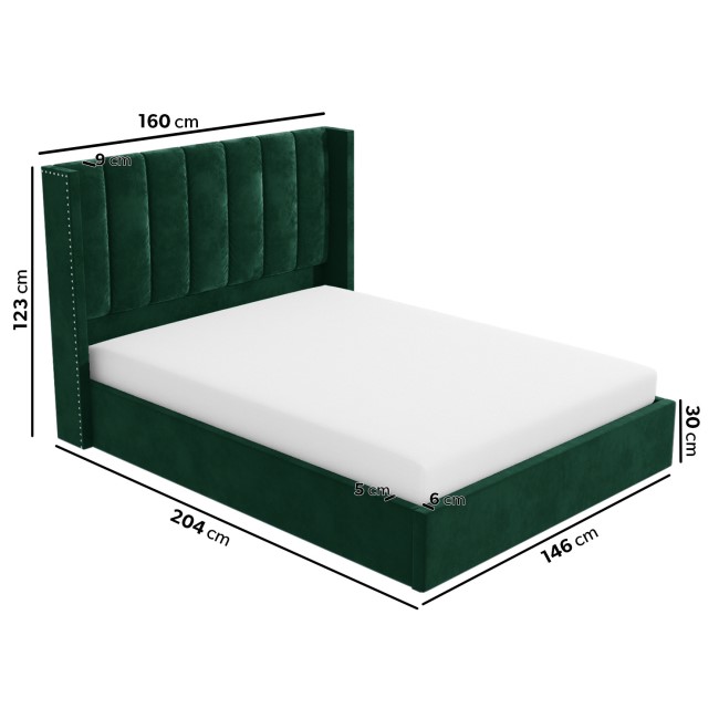 Green Velvet Double Ottoman Bed with Winged Headboard - Maddox