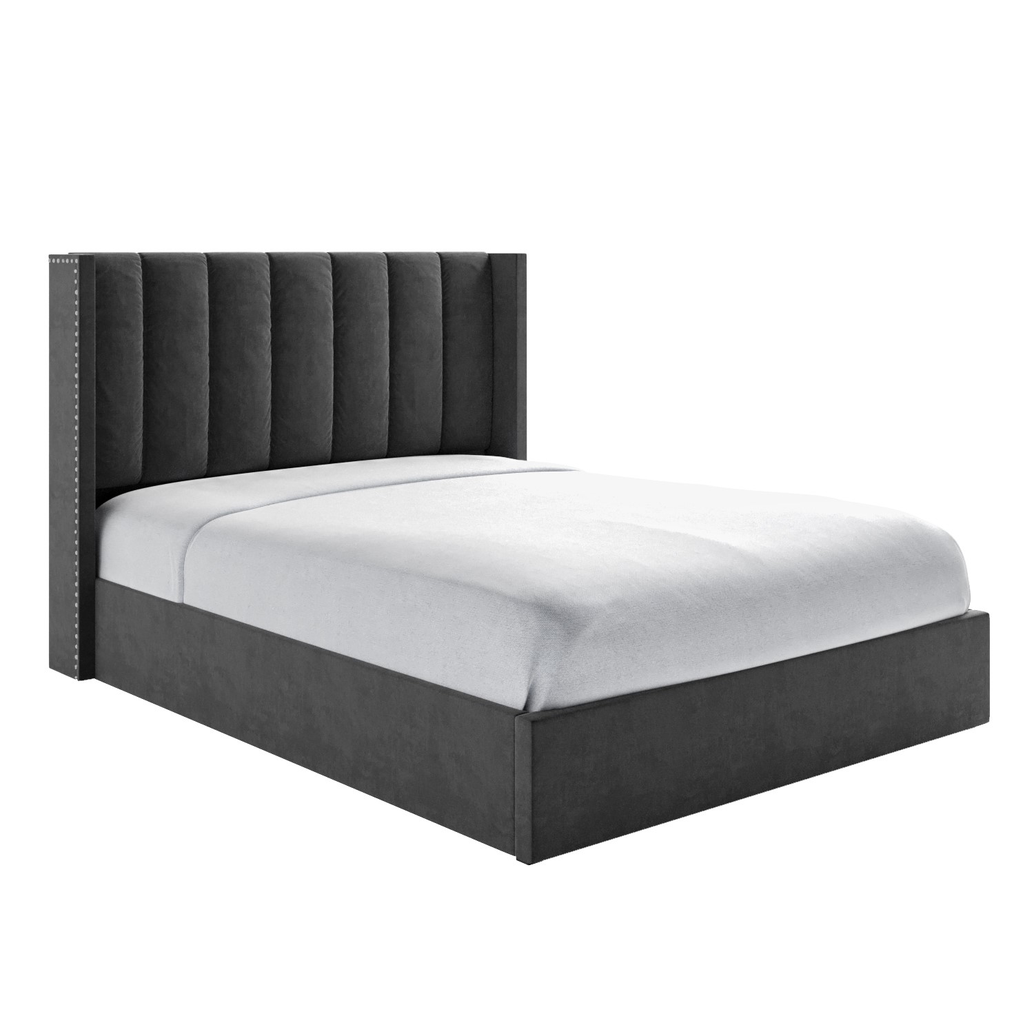 Grey Velvet King Size Ottoman Bed with Winged Headboard Maddox