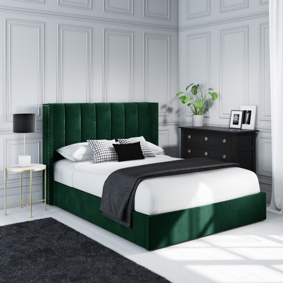 GRADE A2 - Green Velvet Double Ottoman Bed with Winged Headboard - Maddox