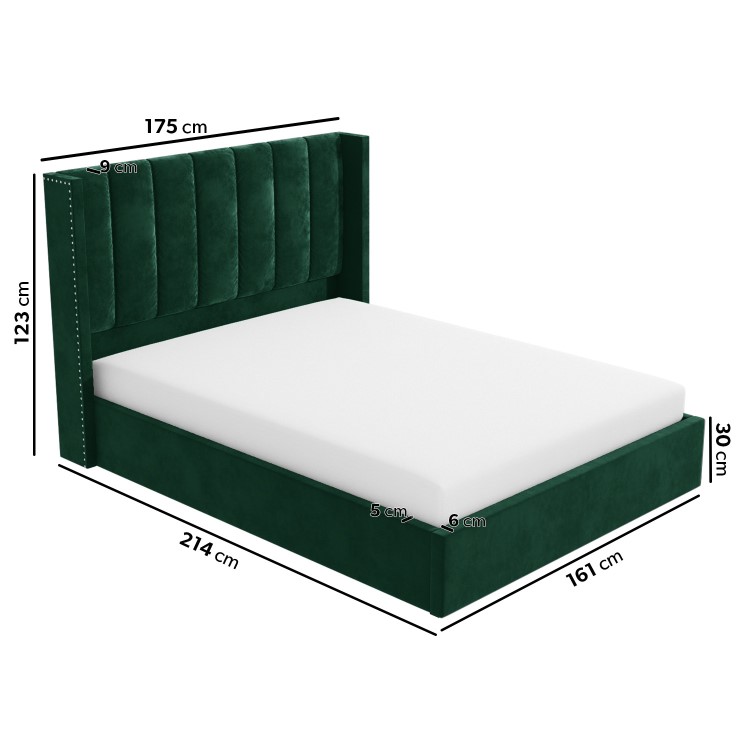 Green Velvet King Size Ottoman Bed with Winged Headboard - Maddox