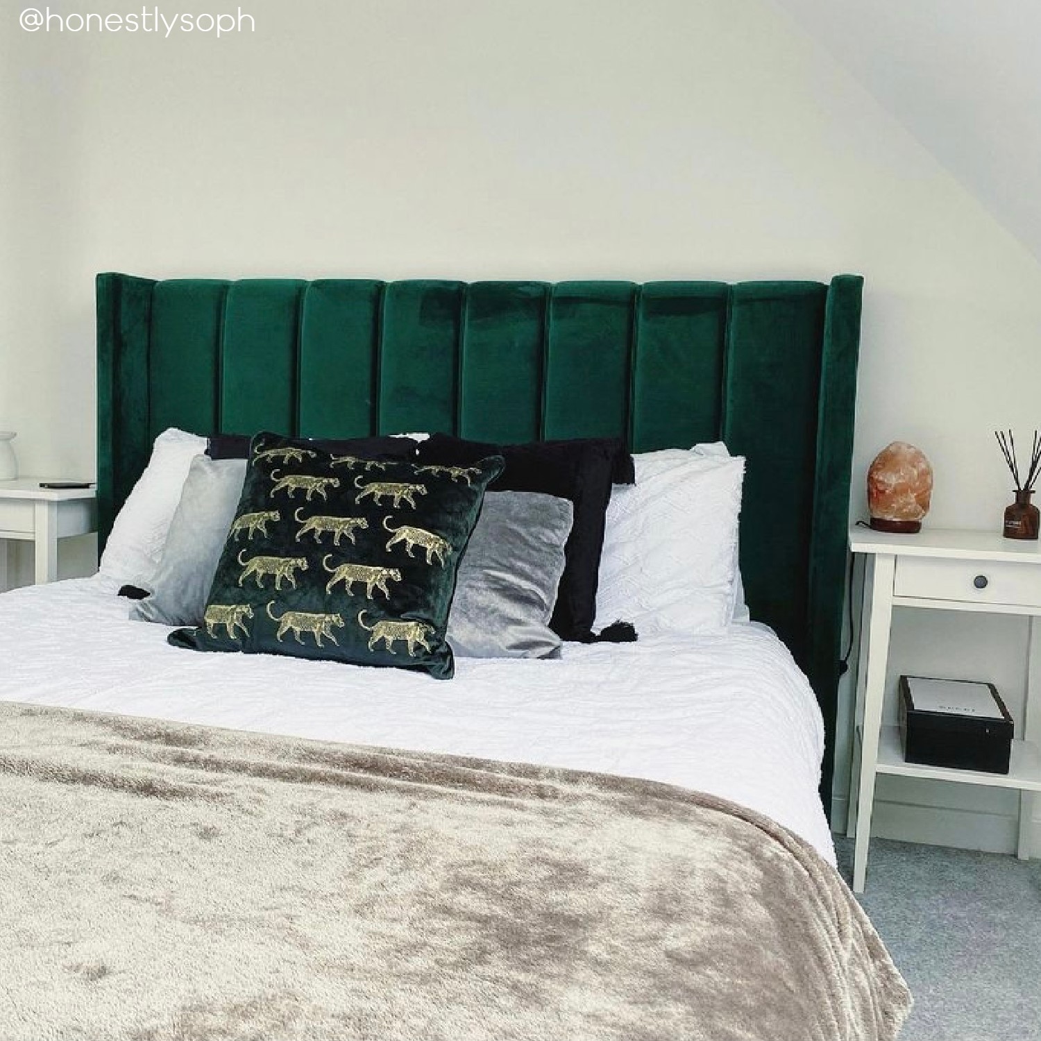 Green Velvet Double Ottoman Bed with Winged Headboard Maddox