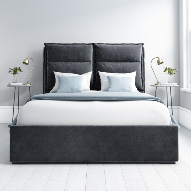 Grey Velvet Double Ottoman Bed with Pillow Headboard - Maddox