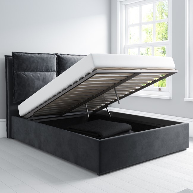 Grey Velvet Double Ottoman Bed with Pillow Headboard - Maddox