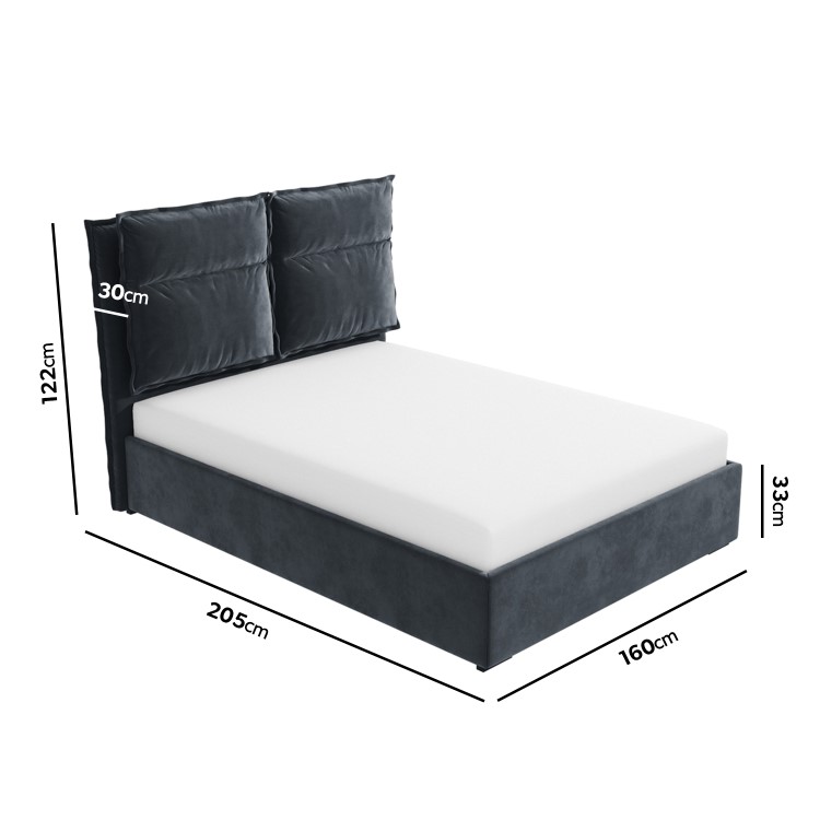 Grey Velvet Double Ottoman Bed with Pillow Headboard - Maddox