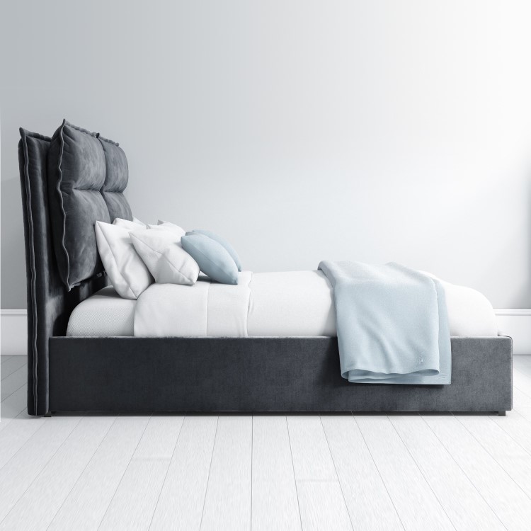 Grey Velvet Double Ottoman Bed with Pillow Headboard - Maddox