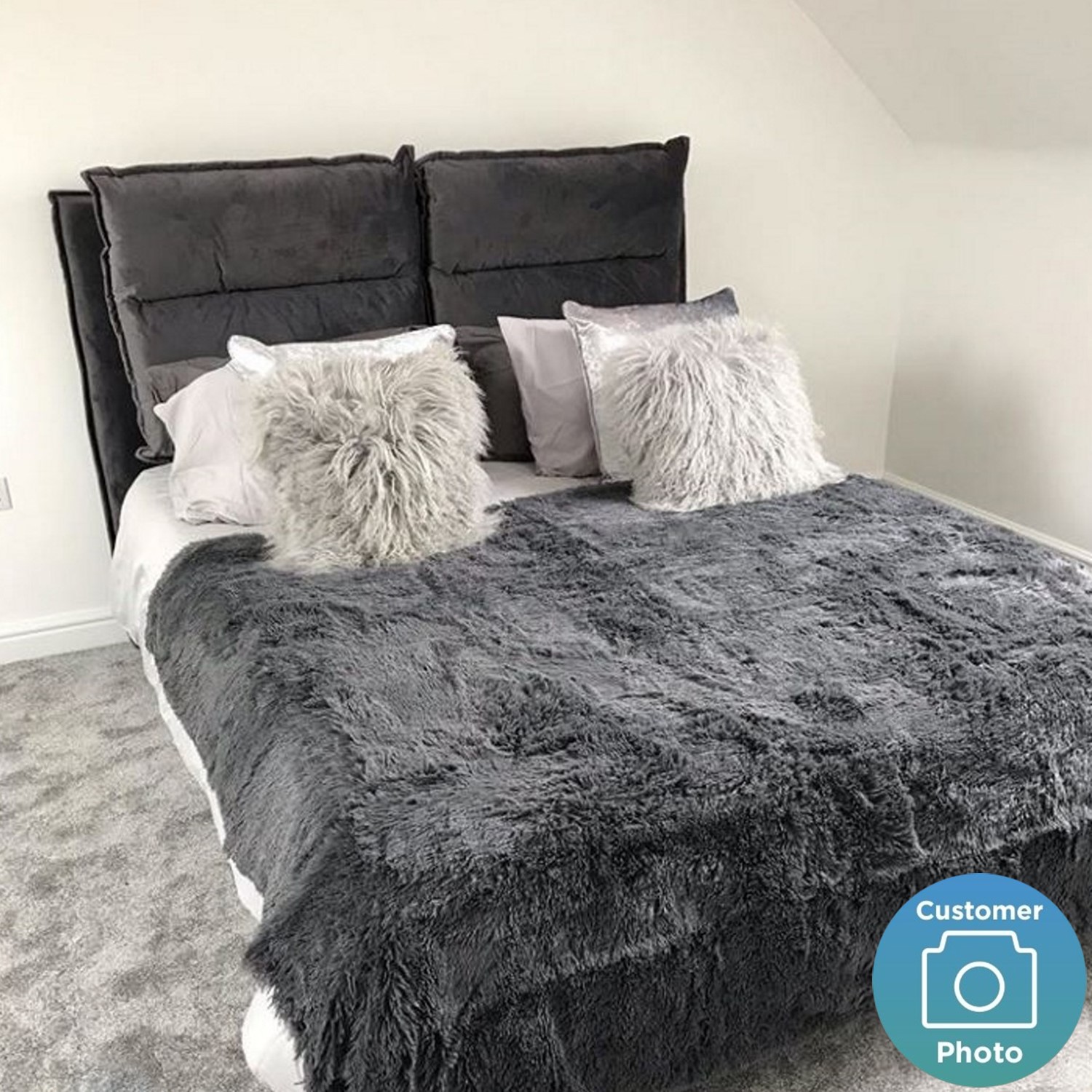 Grey Velvet Double Ottoman Bed with Pillow Headboard Maddox