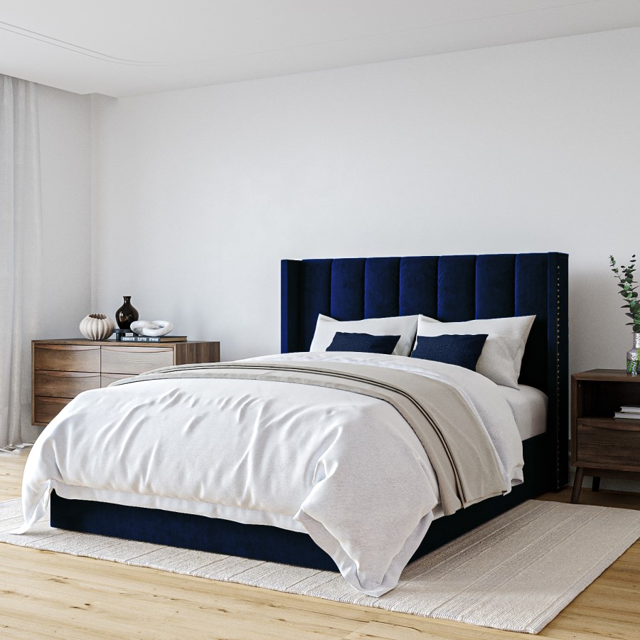 GRADE A2 - Navy Blue Velvet Double Ottoman Bed with Winged Headboard - Maddox