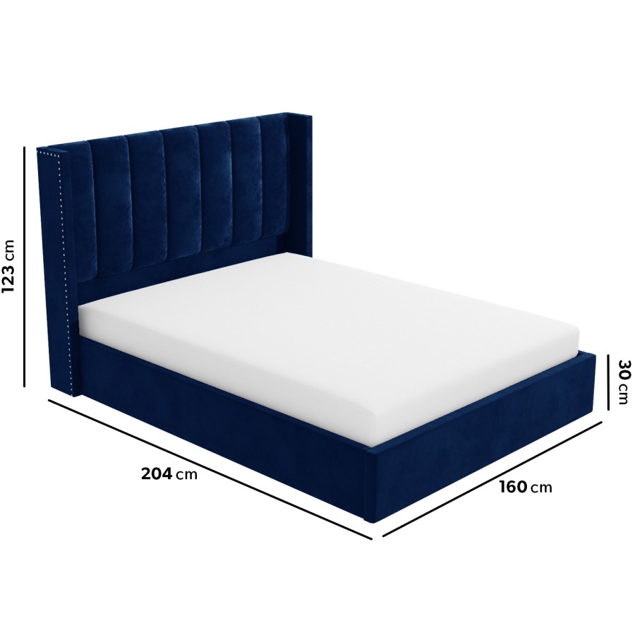 GRADE A2 - Navy Blue Velvet Double Ottoman Bed with Winged Headboard - Maddox