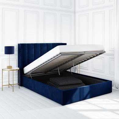 GRADE A2 - Navy Blue Velvet Double Ottoman Bed with Winged Headboard - Maddox