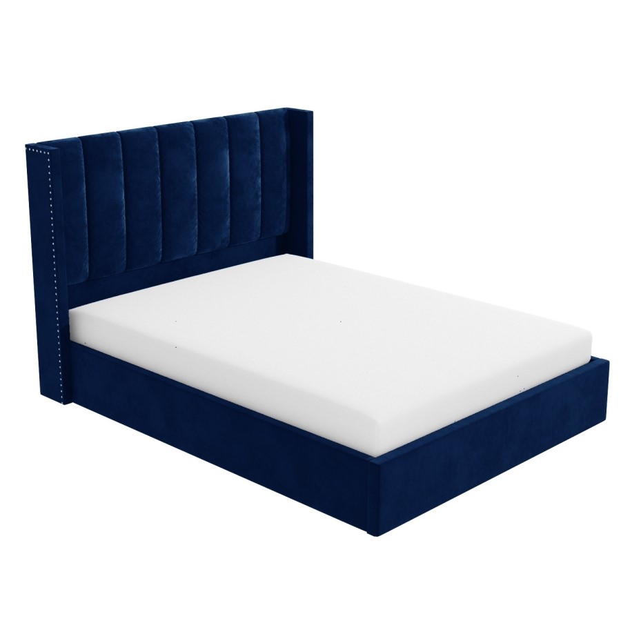 GRADE A2 - Navy Blue Velvet Double Ottoman Bed with Winged Headboard - Maddox