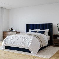 Navy Blue Velvet King Size Ottoman Bed with Winged Headboard - Maddox Navy Blue Velvet King Size Ottoman Bed with Winged Headboard - Maddox