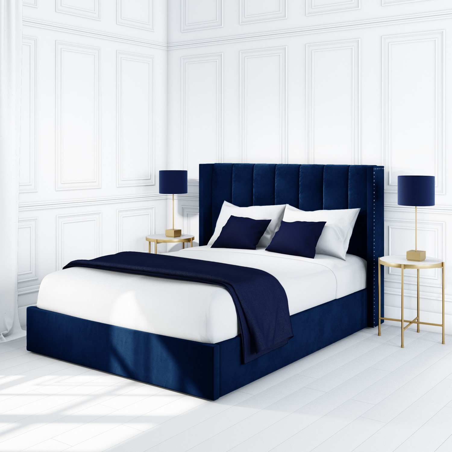 Maddox Wing Back King Size Ottoman Bed, Navy King Bed