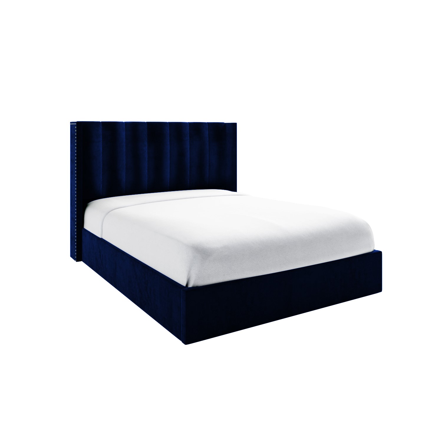 Navy Blue Velvet King Size Ottoman Bed with Winged Headboard Maddox