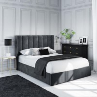 ONLY OPENED - Grey Velvet Small Double Ottoman Bed with Winged Headboard - Maddox