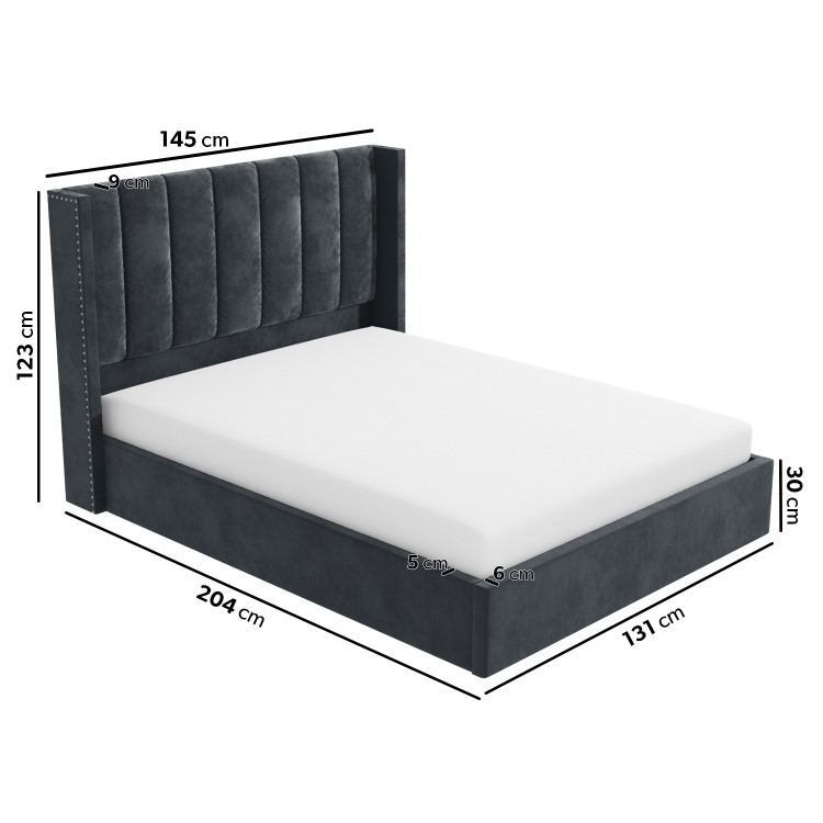 Grey Velvet Small Double Ottoman Bed with Winged Headboard - Maddox