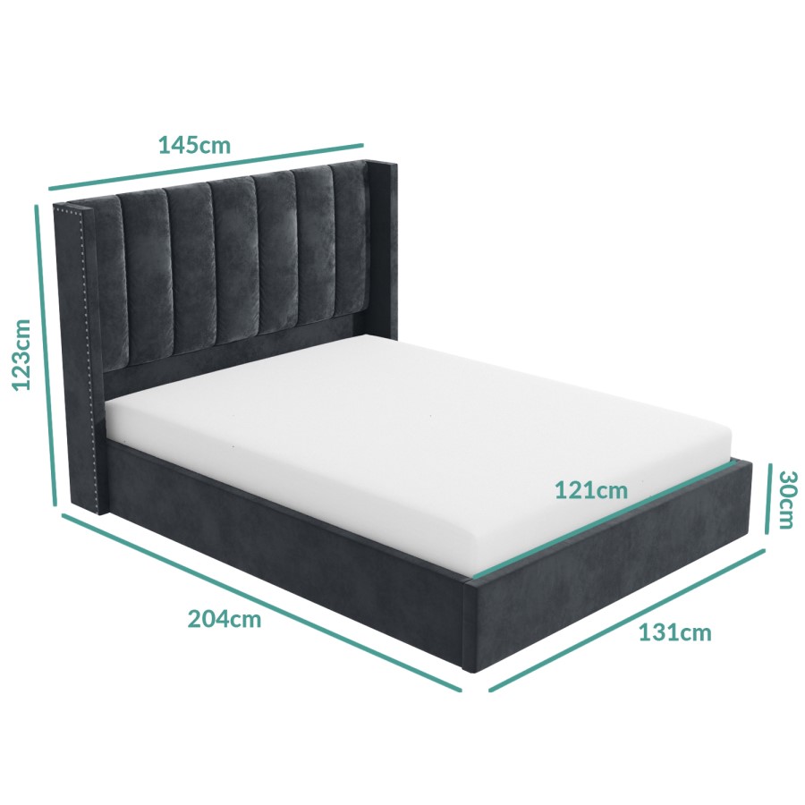 ONLY OPENED - Grey Velvet Small Double Ottoman Bed with Winged Headboard - Maddox