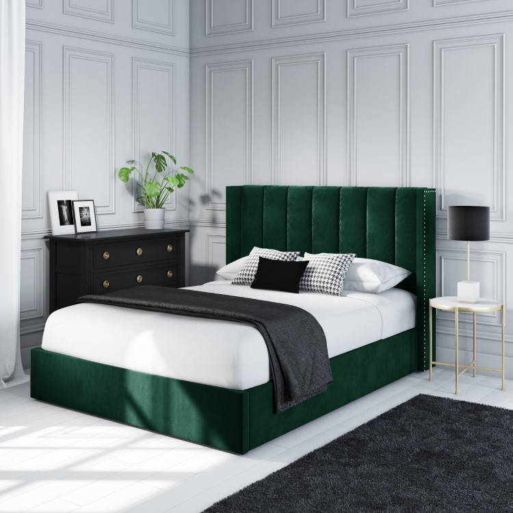 GRADE A1 - Maddox Wing Back Small Double Ottoman Bed in Green Velvet