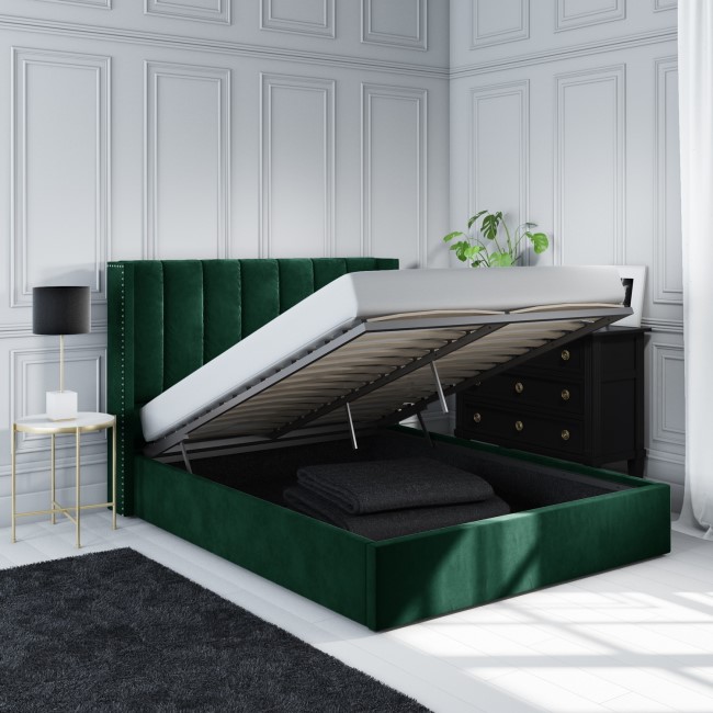 Green Velvet Small Double Ottoman Bed with Winged Headboard - Maddox