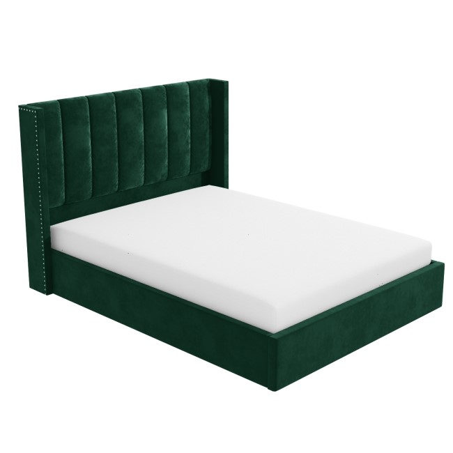 Green Velvet Small Double Ottoman Bed with Winged Headboard - Maddox