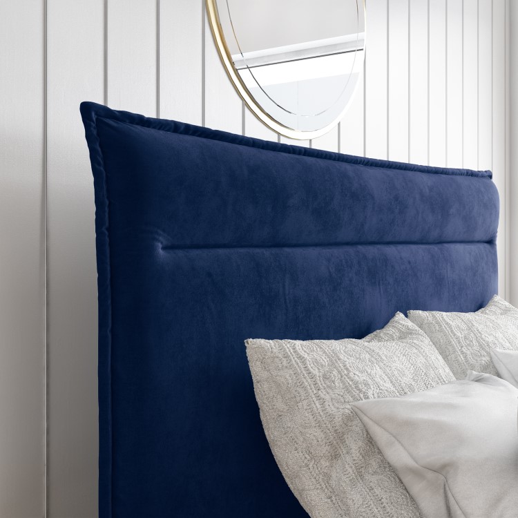 Navy Blue Velvet Double Bed Frame with Cushioned Headboard - Maddox