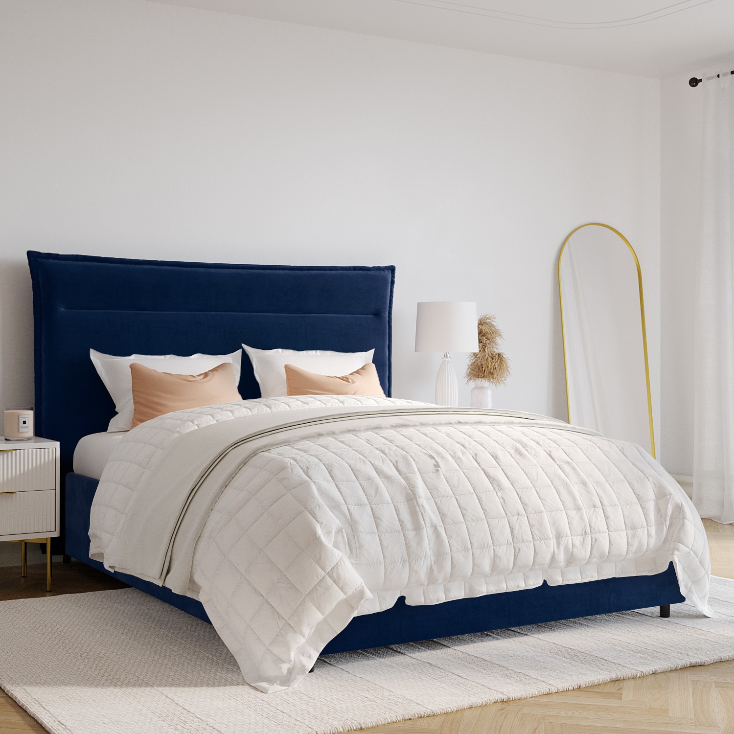 Navy Blue Velvet King Size Ottoman Bed With Winged Headboard Maddox
