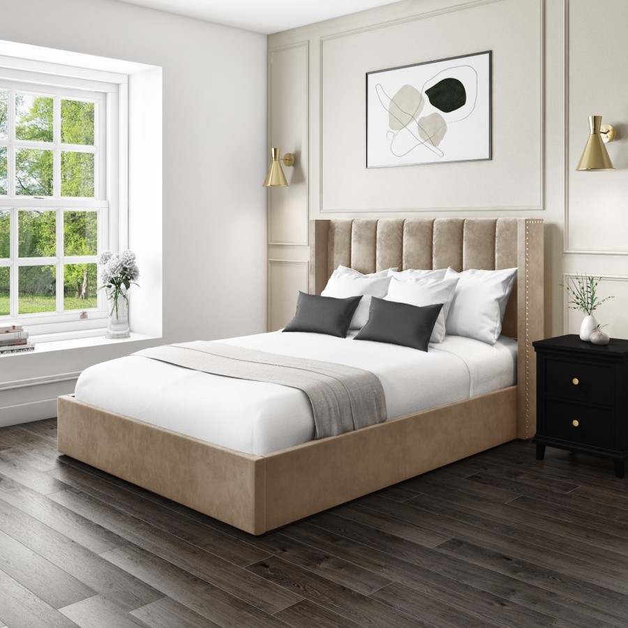 GRADE A1 - Maddox Wing Back Double Ottoman Bed in Mink Velvet