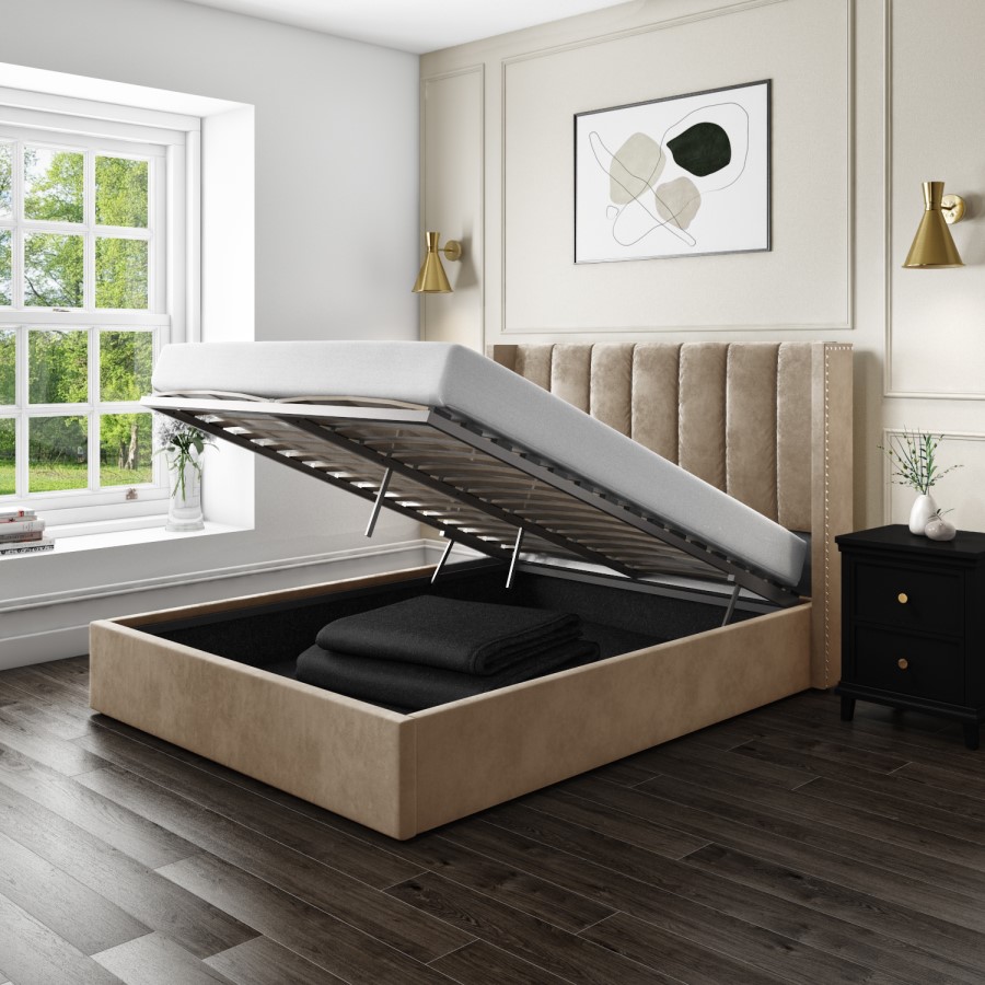 GRADE A1 - Maddox Wing Back Double Ottoman Bed in Mink Velvet