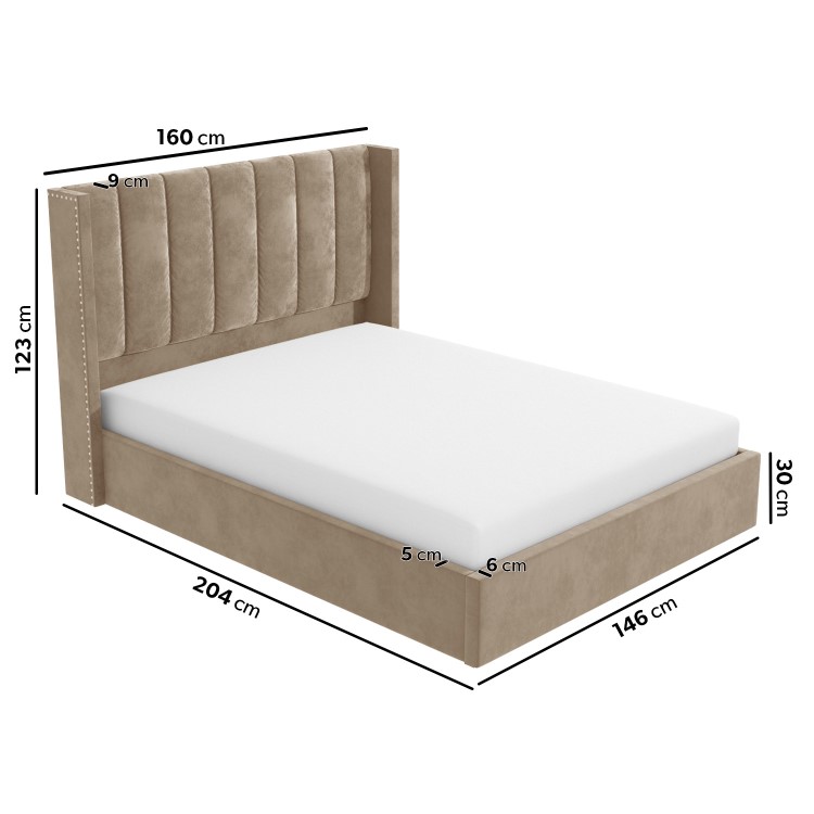 Beige Velvet Double Ottoman Bed with Winged Headboard - Maddox