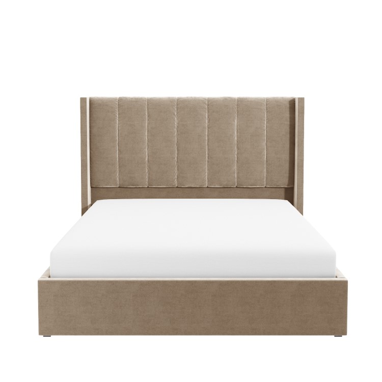 Beige Velvet Double Ottoman Bed with Winged Headboard - Maddox