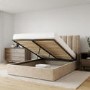 Beige Velvet King Size Ottoman Bed with Winged Headboard - Maddox